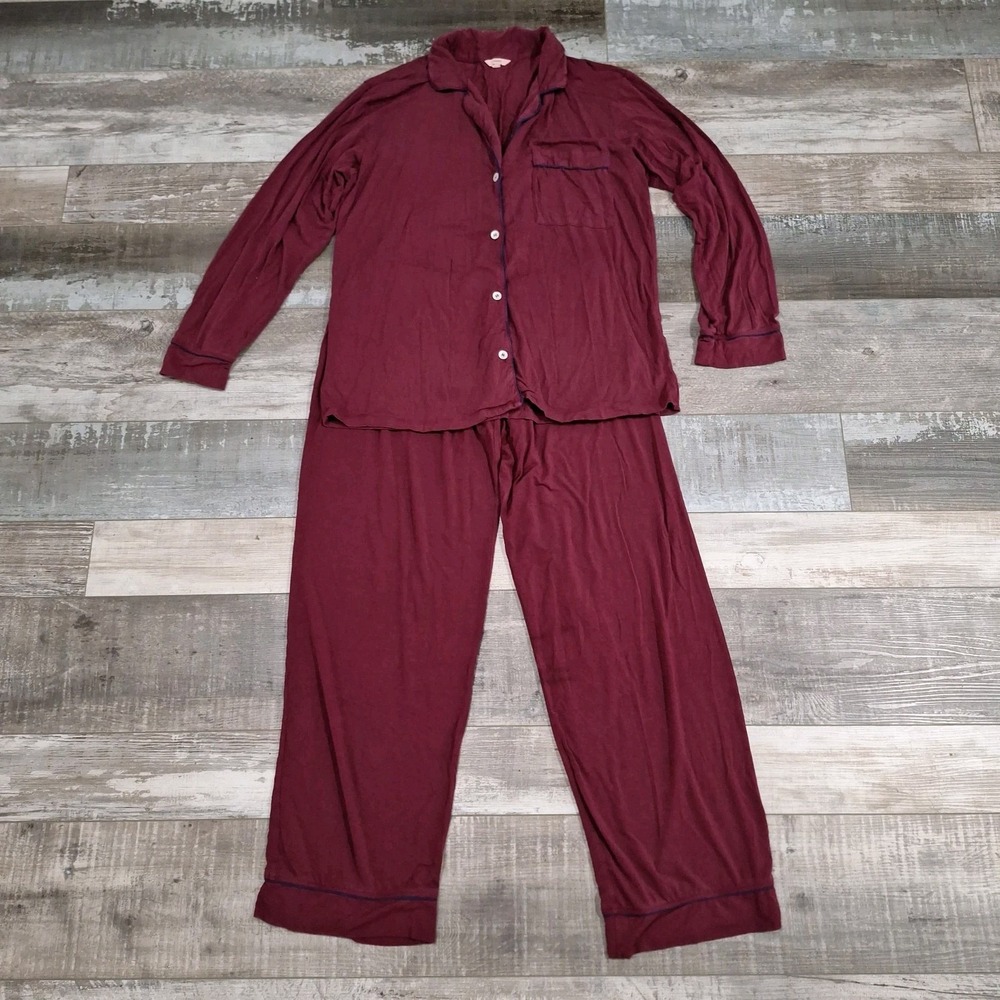 Eberjey Gisele Pajama Set Red Black Contrast Piping Modal Long Sleeve Small